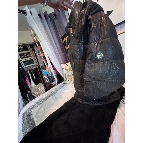 Michael kors shiny logo winter puffer jacket coat black gold plus2xl xxl hooded - Picture 4 of 13